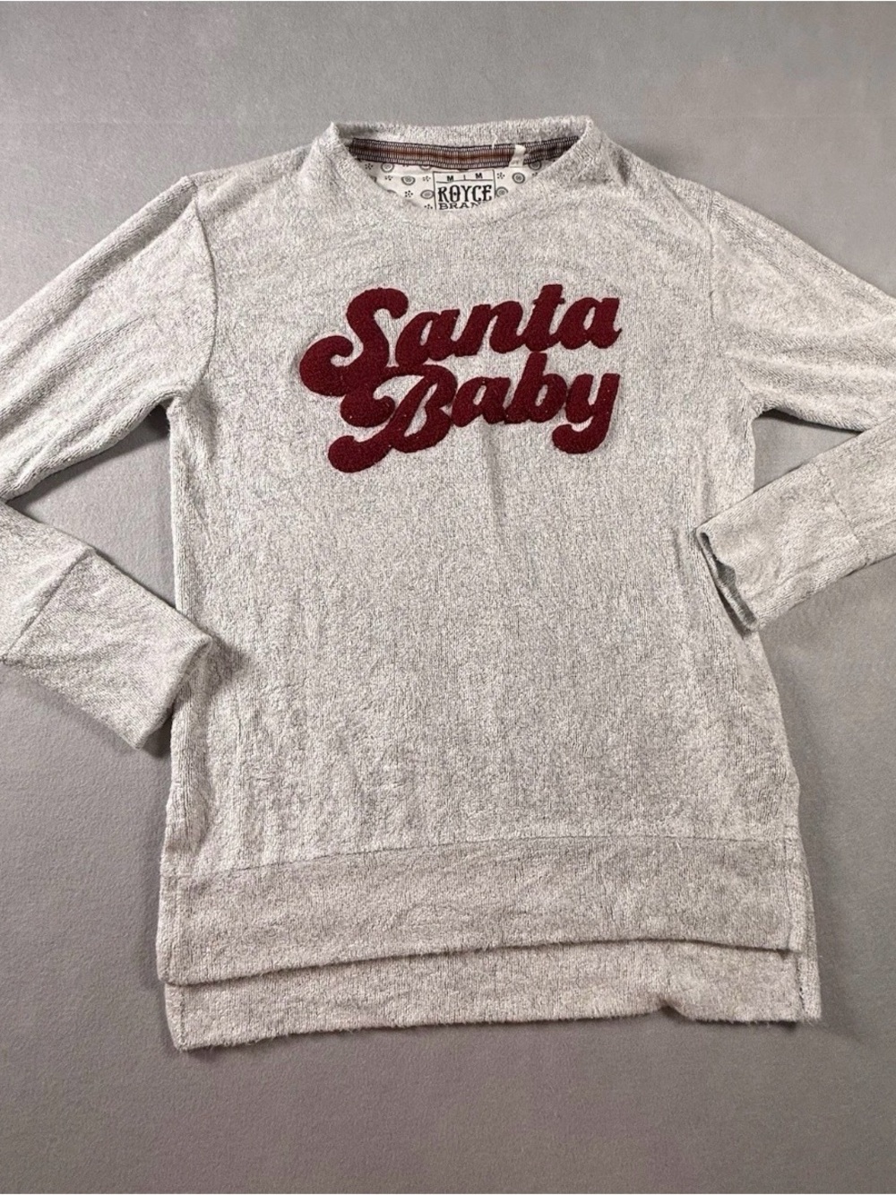 Santa Baby Chenille Christmas Sweater Womens Medium Gray Terry Plush Royce